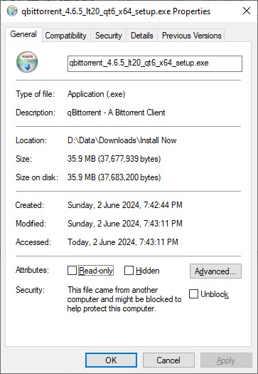 Screenshot of the General tab in the Properties for the qbittorrent installer